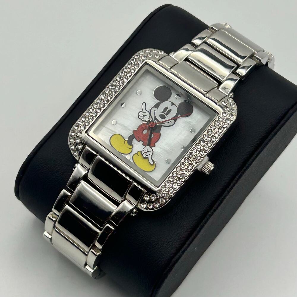 Disney Mickey Mouse Silver Tone Crystals Mother Pearl Dial Watch New Battery
